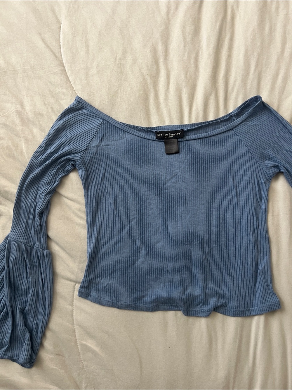 See You Monday Dusty Blue Ribbed Off-Shoulder Bell Sleeve Crop Top